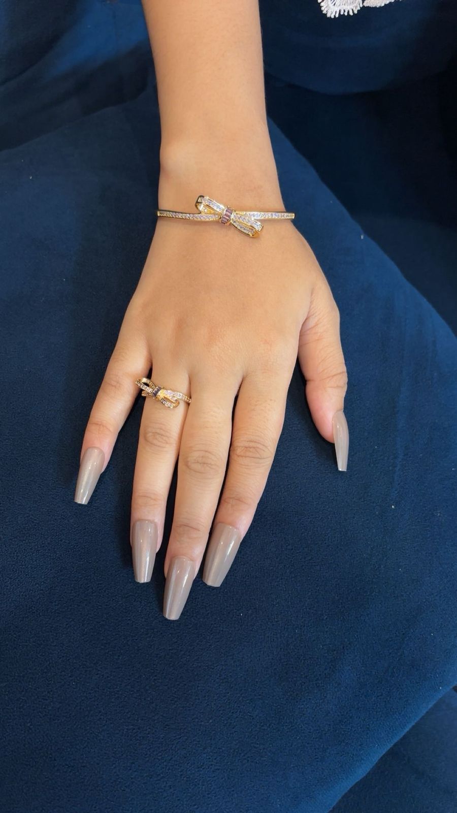 Elegant Bow Crystal Bracelet & Matching Ring Set – Gold-Tone Jewelry