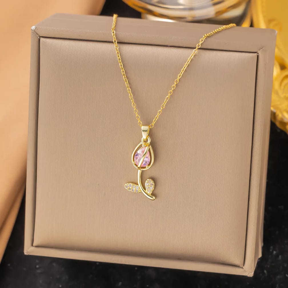 Gold Rose Necklace | Crystal Rose Pendant, Green or Pink