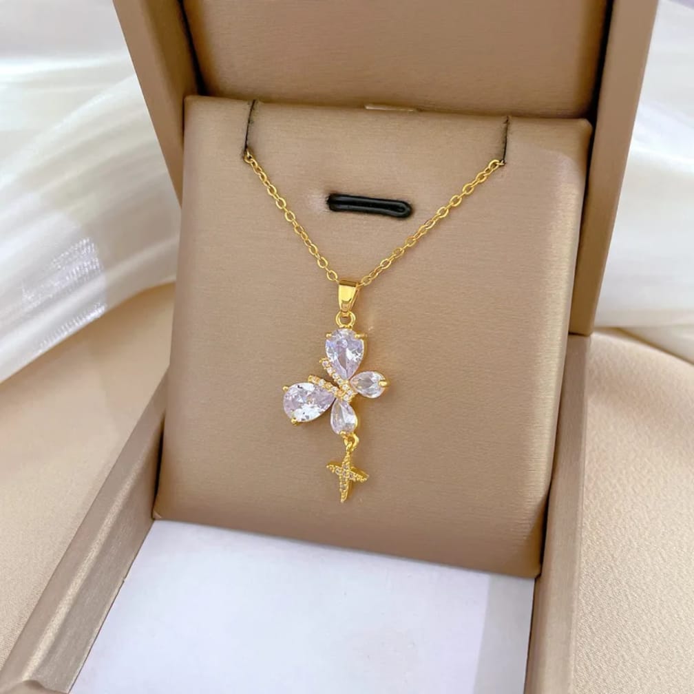 Crystal Butterfly Necklace | Gold CZ Butterfly Pendant Necklace for Women