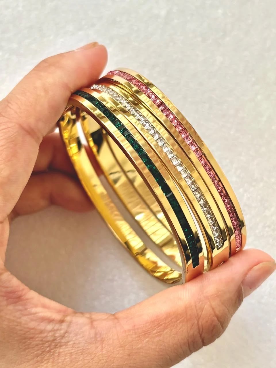 Luxury Gold-Plated Crystal Bangle Set for Women | Pink, White & Emerald Green
