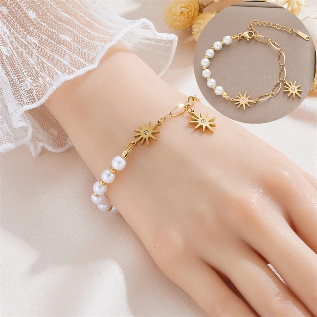 Gold Pearl Star Bracelet | Freshwater Pearl Charm Bracelet