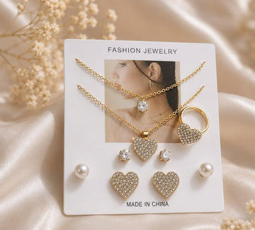Gold Textured Heart Jewelry Set | Necklace, Earrings & Ring for Women