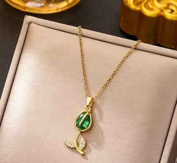 Gold Rose Necklace | Crystal Rose Pendant, Green or Pink