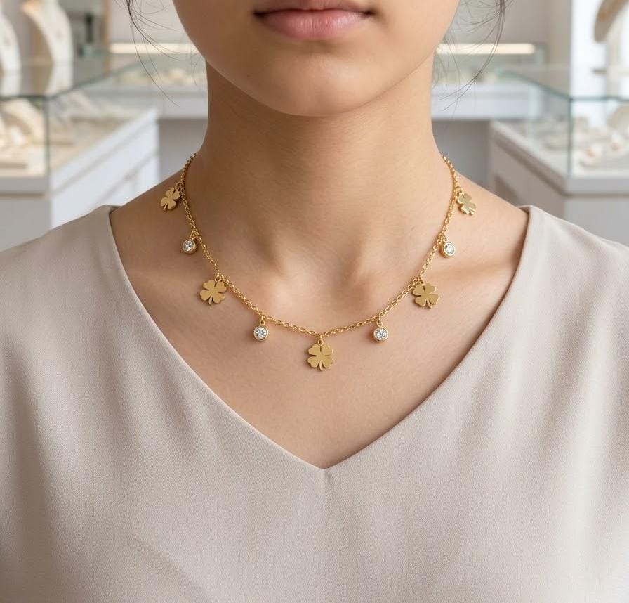 Dainty Gold Charm Necklace – Clover, Butterfly & Leaf