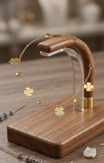 Gold Clover Charm Bracelet | Four Leaf Clover CZ Chain Bracelet for Women