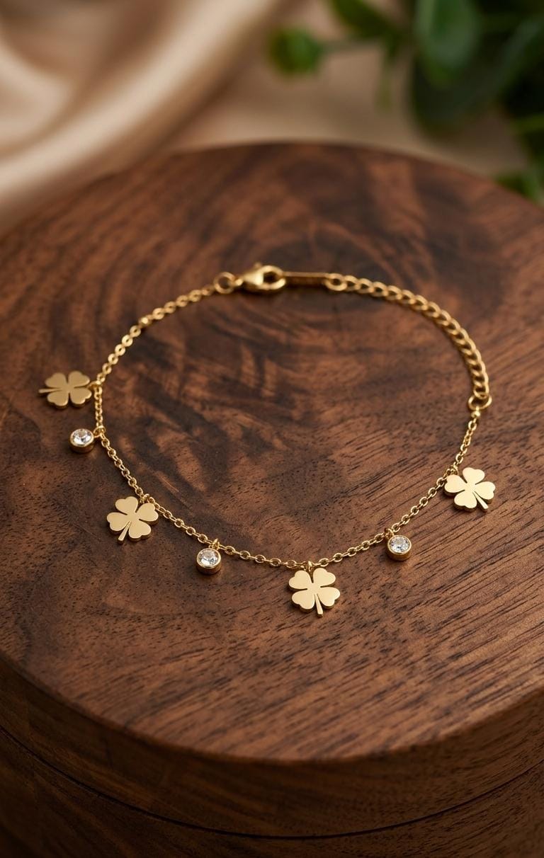 Gold Clover Charm Bracelet | Four Leaf Clover CZ Chain Bracelet for Women