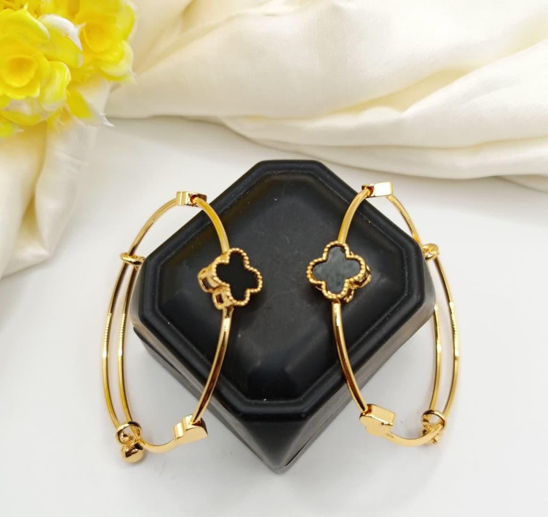 Gold Clover Bangle Bracelet Set | Adjustable Black Clover Charm Bracelets (Set of 2)