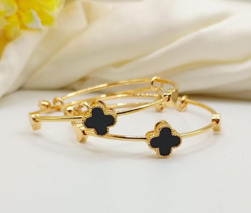 Gold Clover Bangle Bracelet Set | Adjustable Black Clover Charm Bracelets (Set of 2)