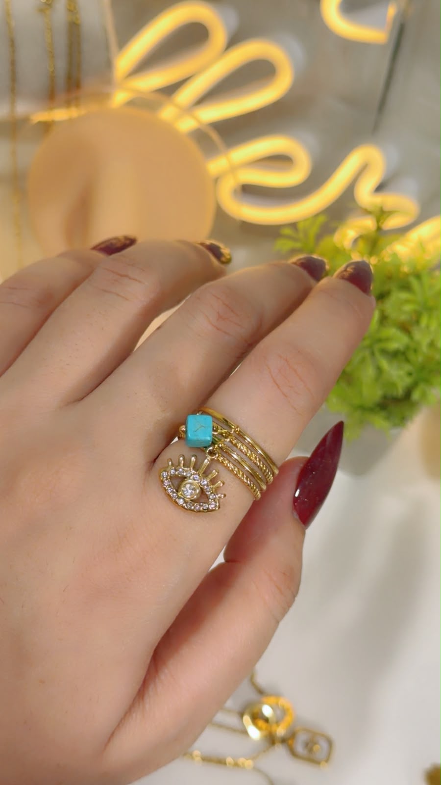 Gold Eye Multi-Layer Ring with Turquoise Charm for Women | Zariya Jewels
