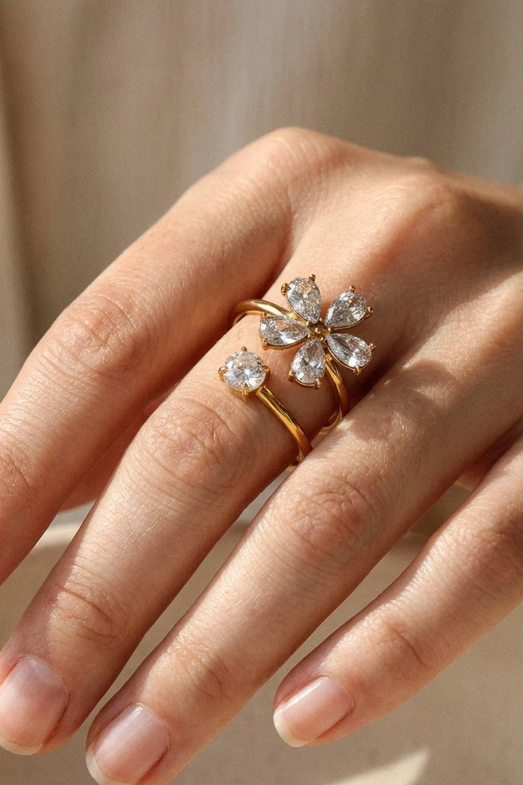 Gold Flower Crystal Ring for Women – Elegant Floral Statement Ring