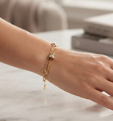 Gold Clover Bracelet | Layered Chain Bracelet with CZ Charm for Women