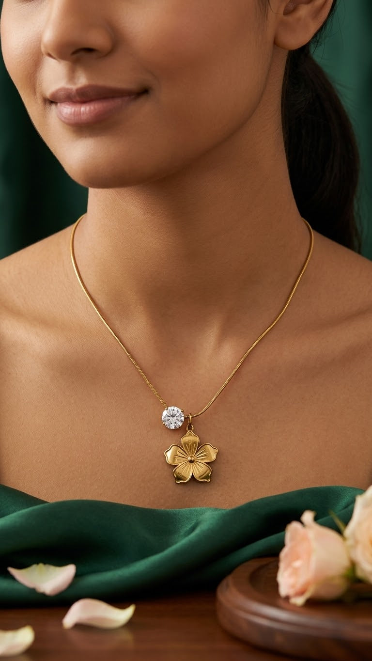 Gold Flower Necklace | Stainless Steel CZ Pendant Necklace for Women
