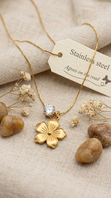Gold Flower Necklace | Stainless Steel CZ Pendant Necklace for Women