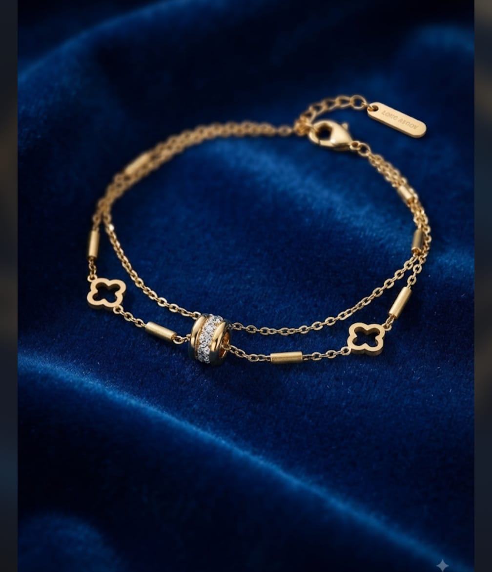 Gold Clover Bracelet | Layered Chain Bracelet with CZ Charm for Women