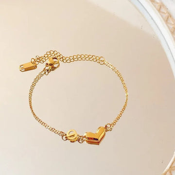Gold Heart Bracelet | Delicate Double Chain Heart Charm Bracelet for Women