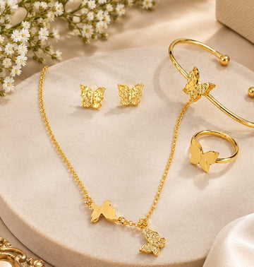 Gold Butterfly Jewelry Set | Necklace, Earrings, Ring & Bangle for Women