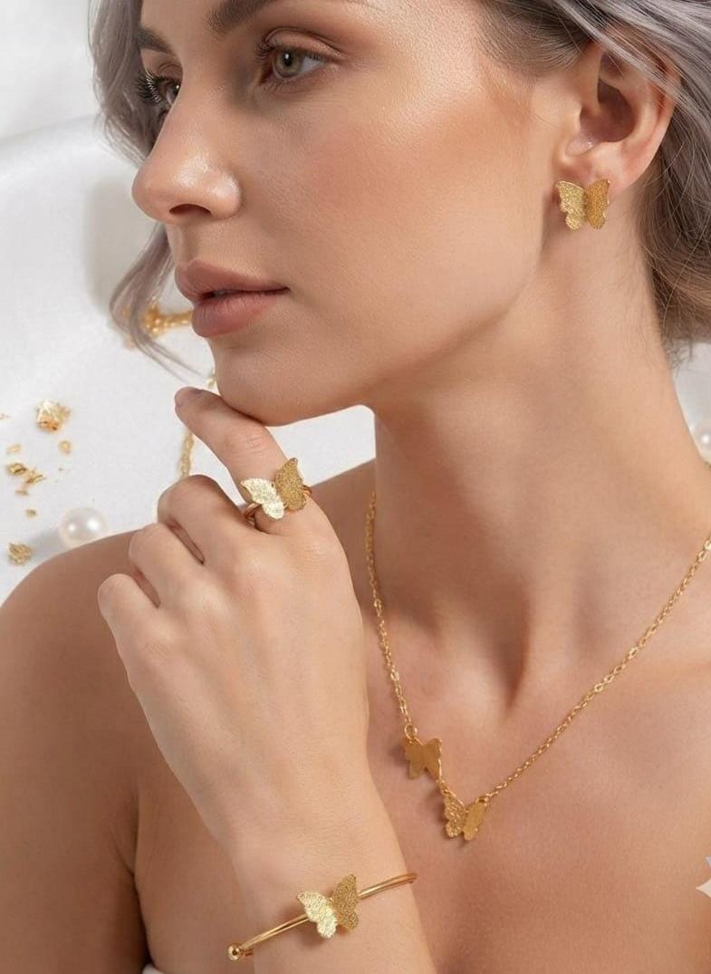 Gold Butterfly Jewelry Set | Necklace, Earrings, Ring & Bangle for Women