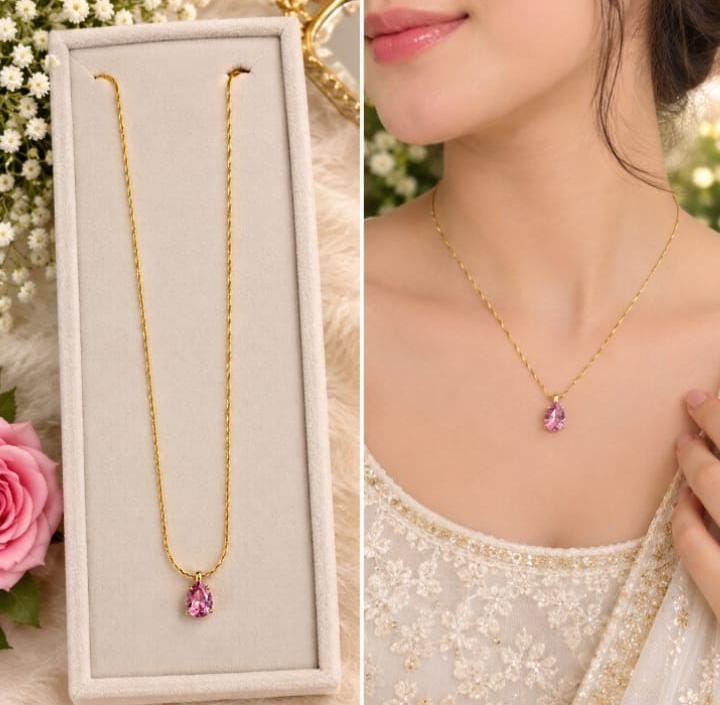 Pink Crystal Teardrop Pendant Necklace