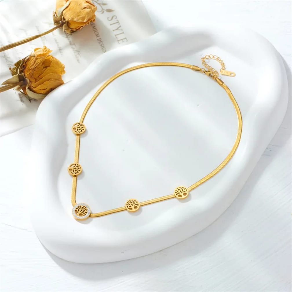 Gold Tree of Life Necklace | Herringbone Chain CZ Pendant Necklace for Women