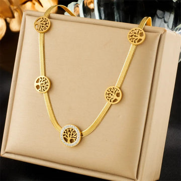 Gold Tree of Life Necklace | Herringbone Chain CZ Pendant Necklace for Women