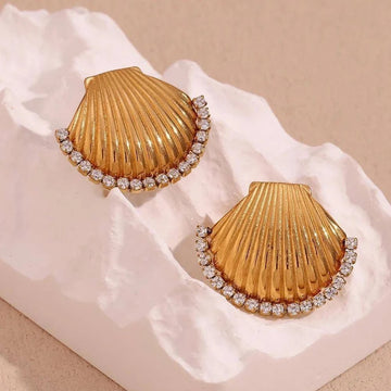 Luxury Gold-Plated Seashell Crystal Stud Earrings for Women