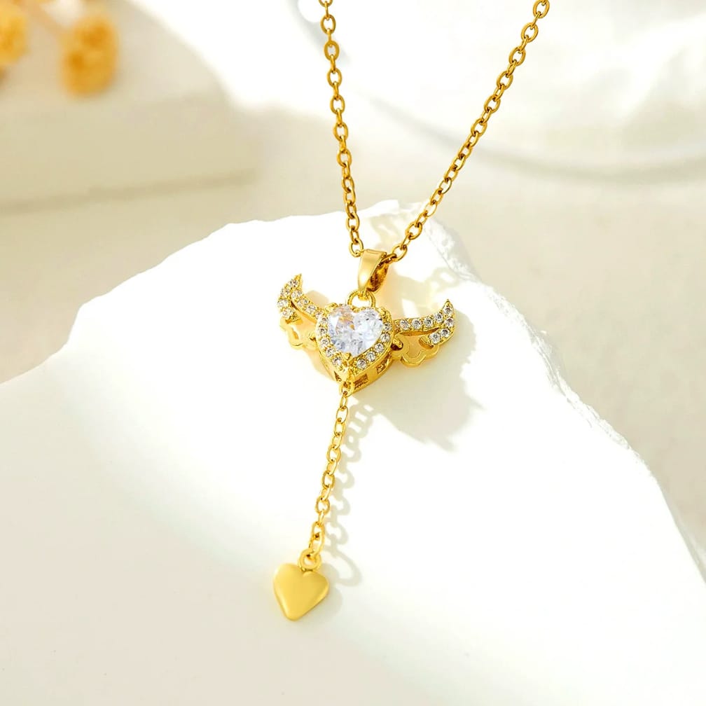 Gold Angel Wing Necklace | CZ Heart Pendant with Wings
