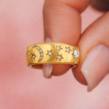 Celestial Moon & Star Gold-Plated Crystal Ring for Women