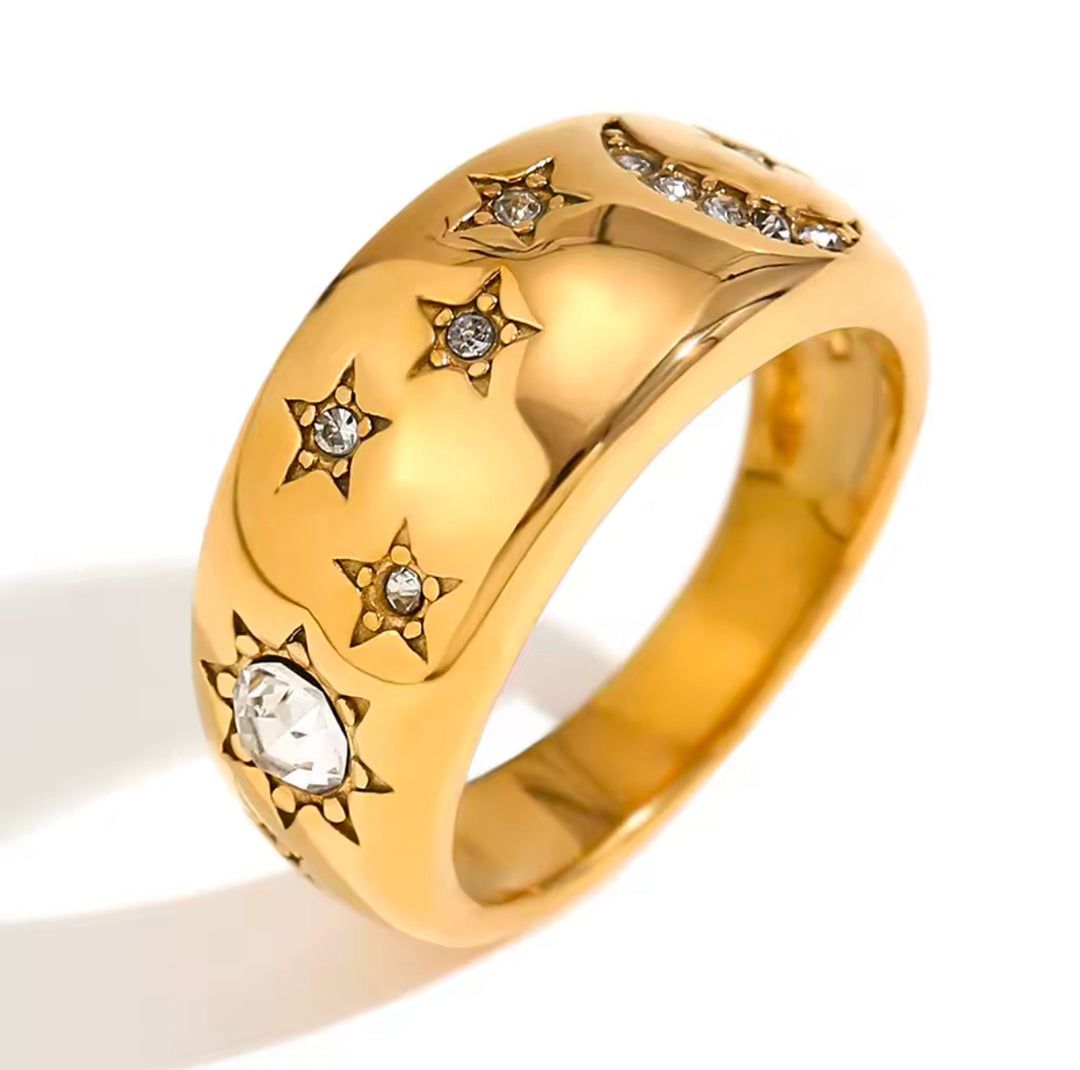 Celestial Moon & Star Gold-Plated Crystal Ring for Women
