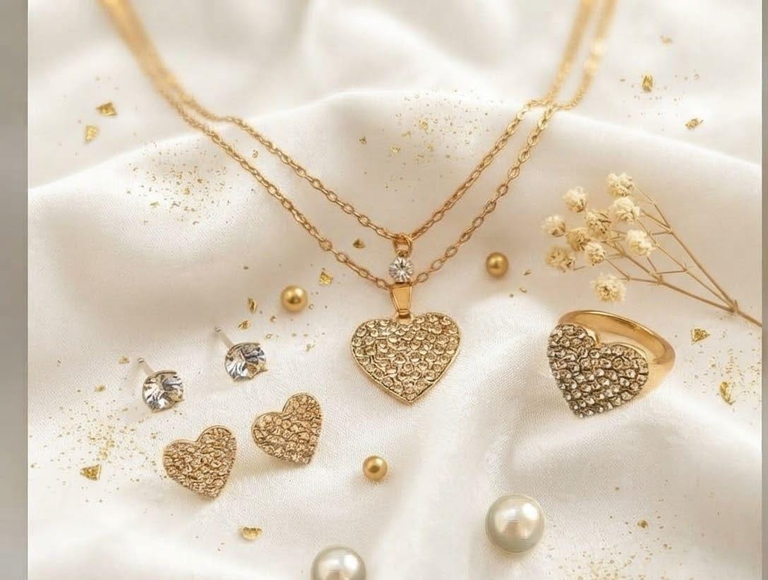 Gold Textured Heart Jewelry Set | Necklace, Earrings & Ring for Women
